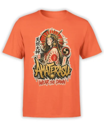 Orange T-shirt featuring a radiant female sun goddess, golden rays, red sun disk, and bold Amaterasu lettering