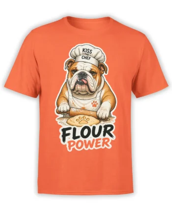 Bulldog chef graphic with rolling pin, paw-shaped dough, and Flour Power text on an orange T-shirt