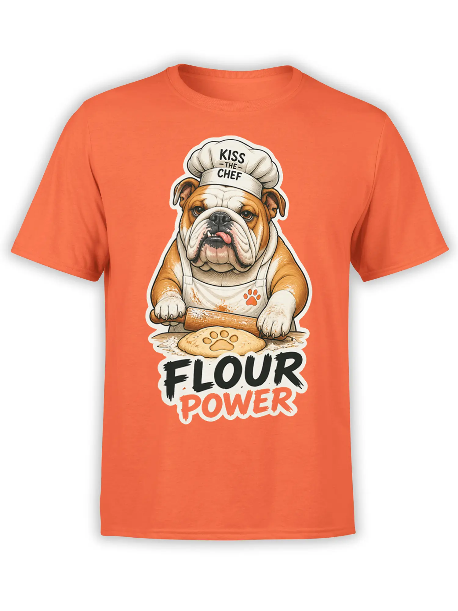 Bulldog chef graphic with rolling pin, paw-shaped dough, and Flour Power text on an orange T-shirt