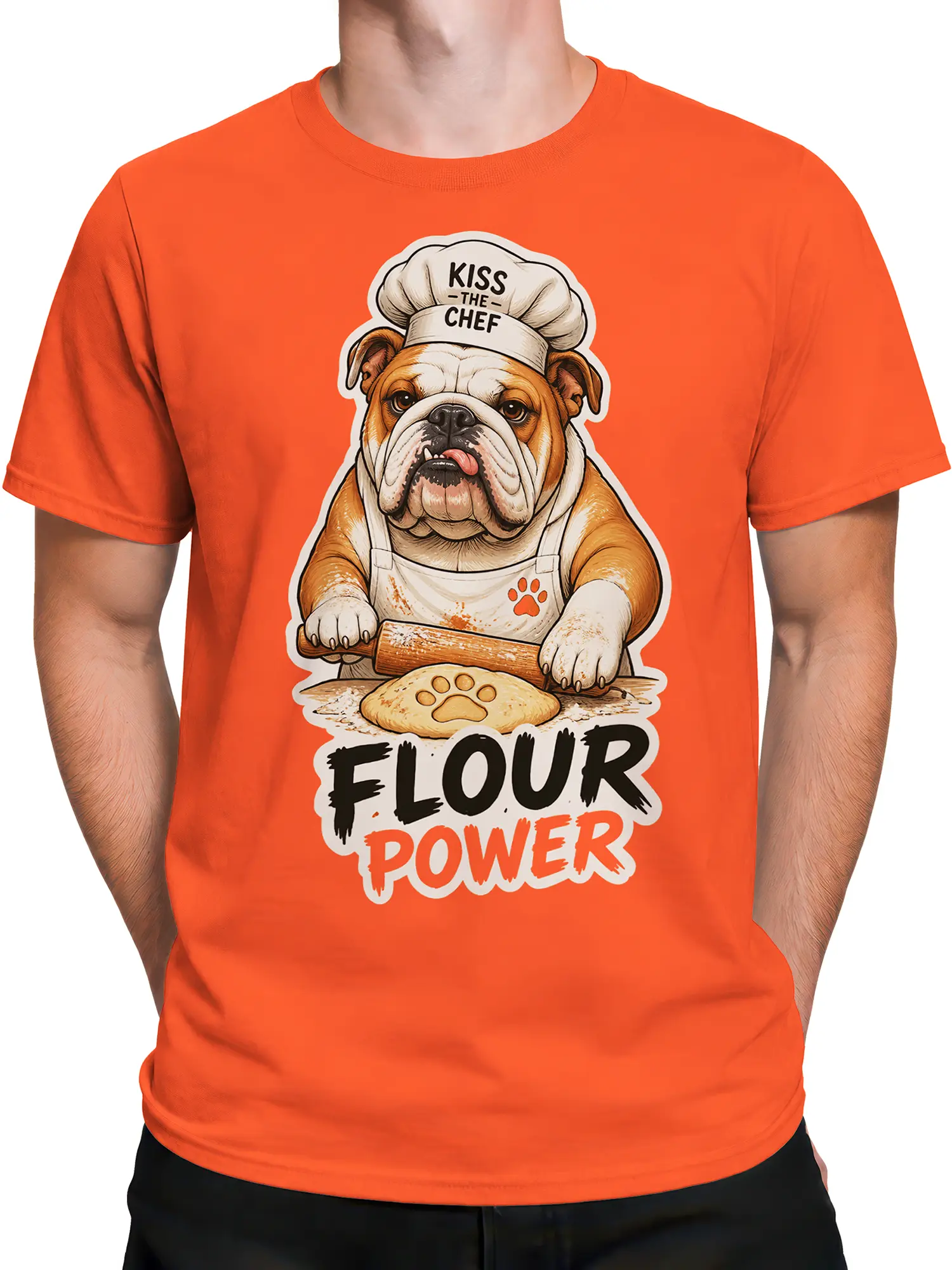 Male torso wearing an orange bulldog chef T-shirt with Kiss the Chef and Flour Power artwork