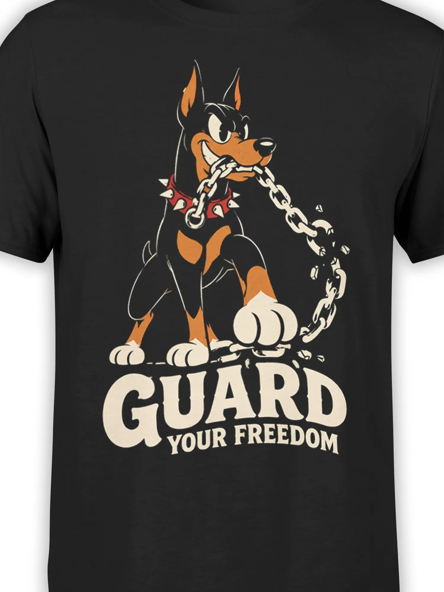 Close-up of the guard dog graphic with red spiked collar, chain, and freedom slogan on black fabric