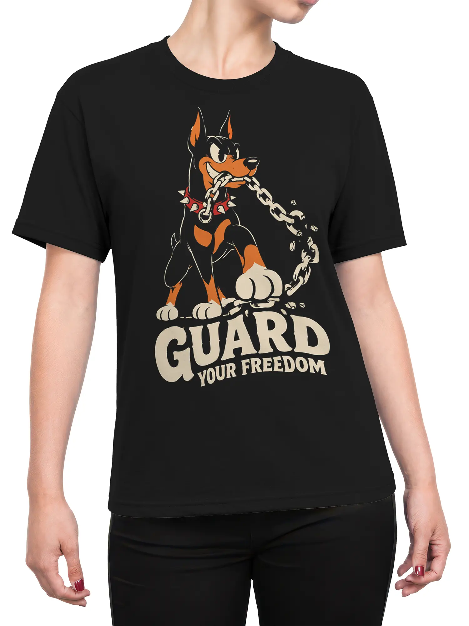 Female torso wearing a black guard dog T-shirt with chain artwork and Guard Your Freedom text
