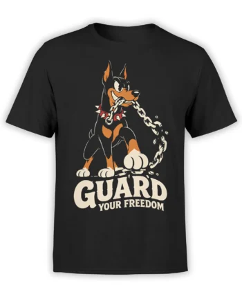Black T-shirt with a fierce guard dog, spiked collar, chain, and Guard Your Freedom lettering
