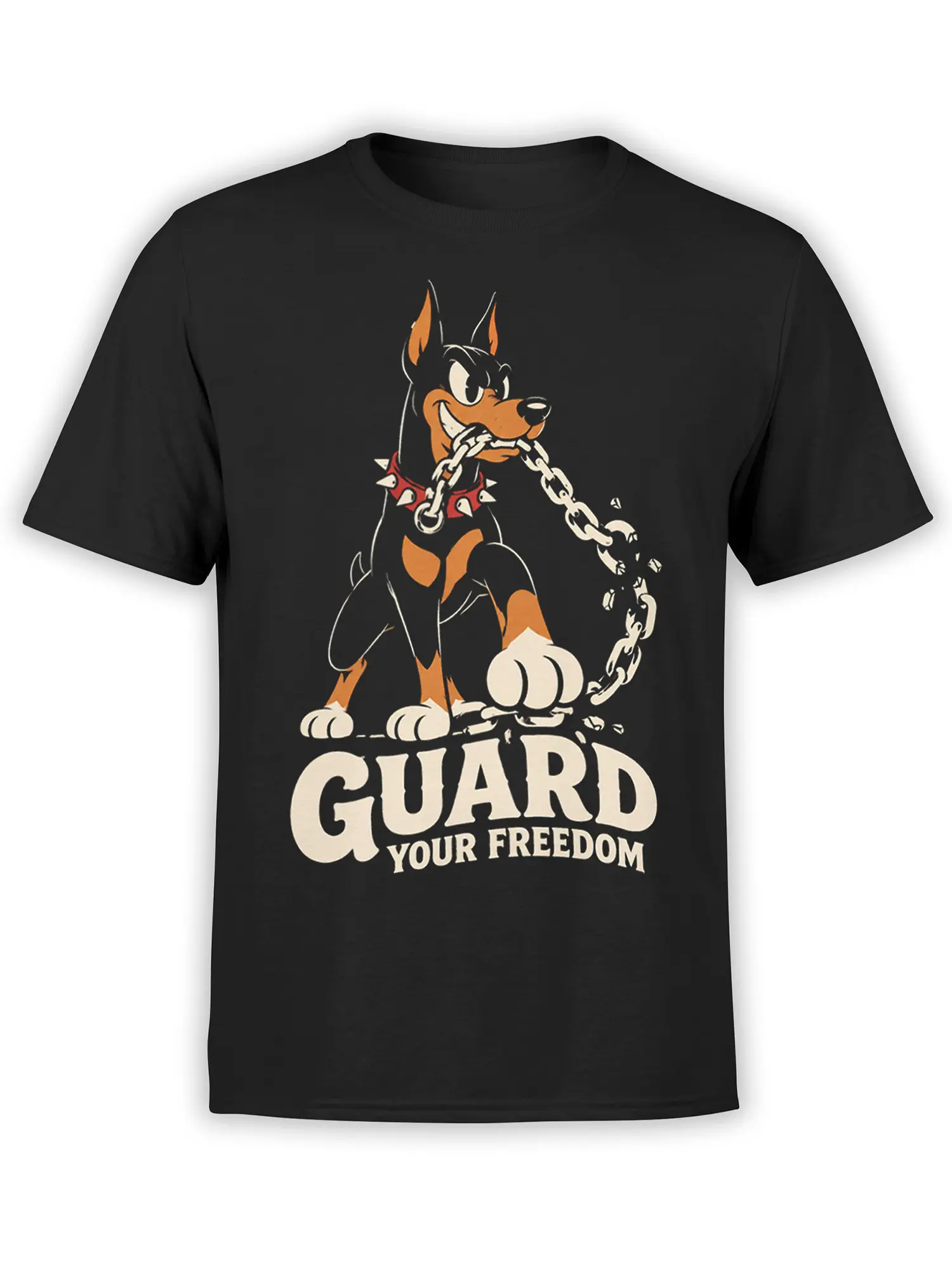 Black T-shirt with a fierce guard dog, spiked collar, chain, and Guard Your Freedom lettering