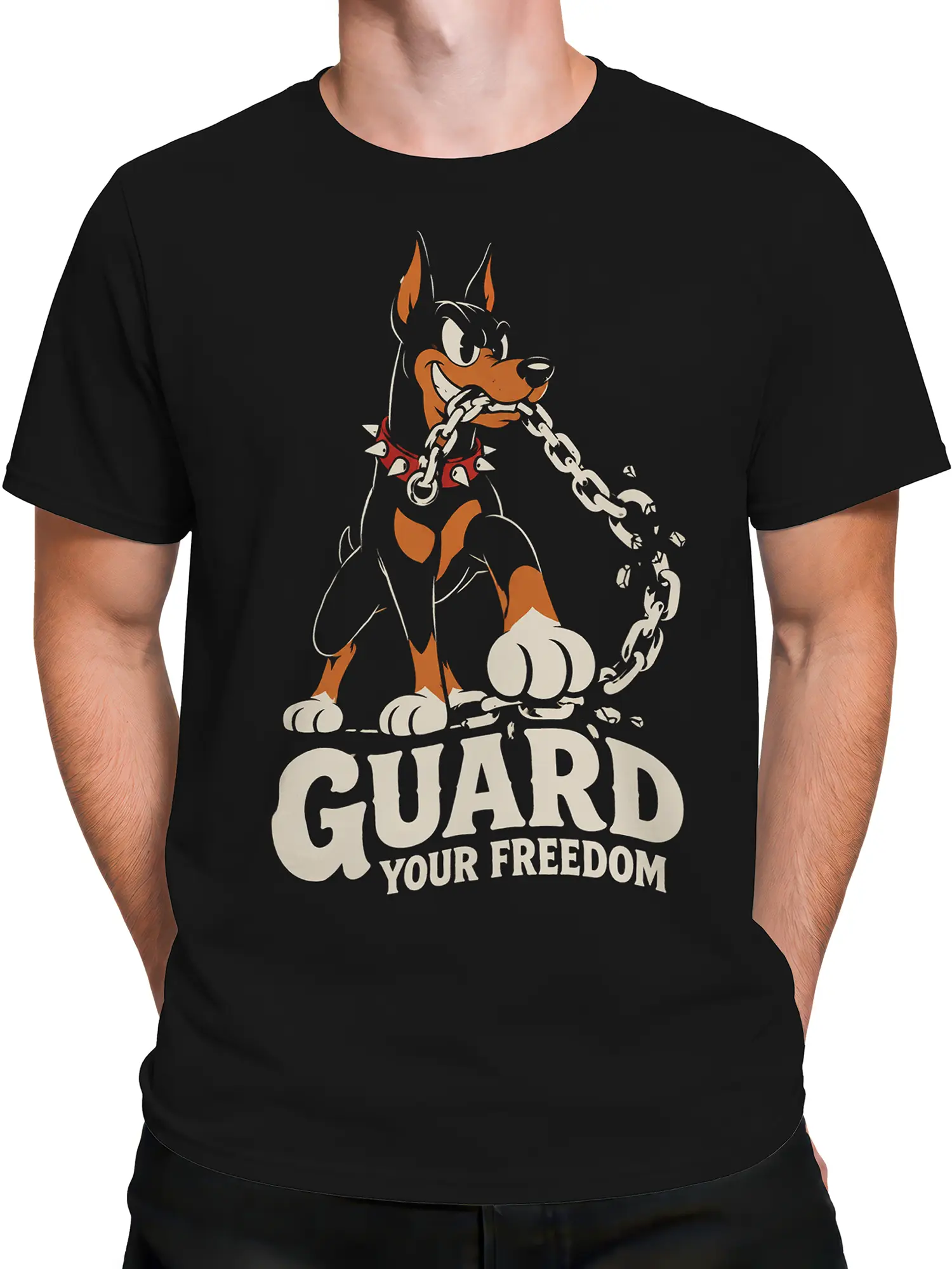 Male torso wearing a black guard dog T-shirt with spiked collar and freedom message