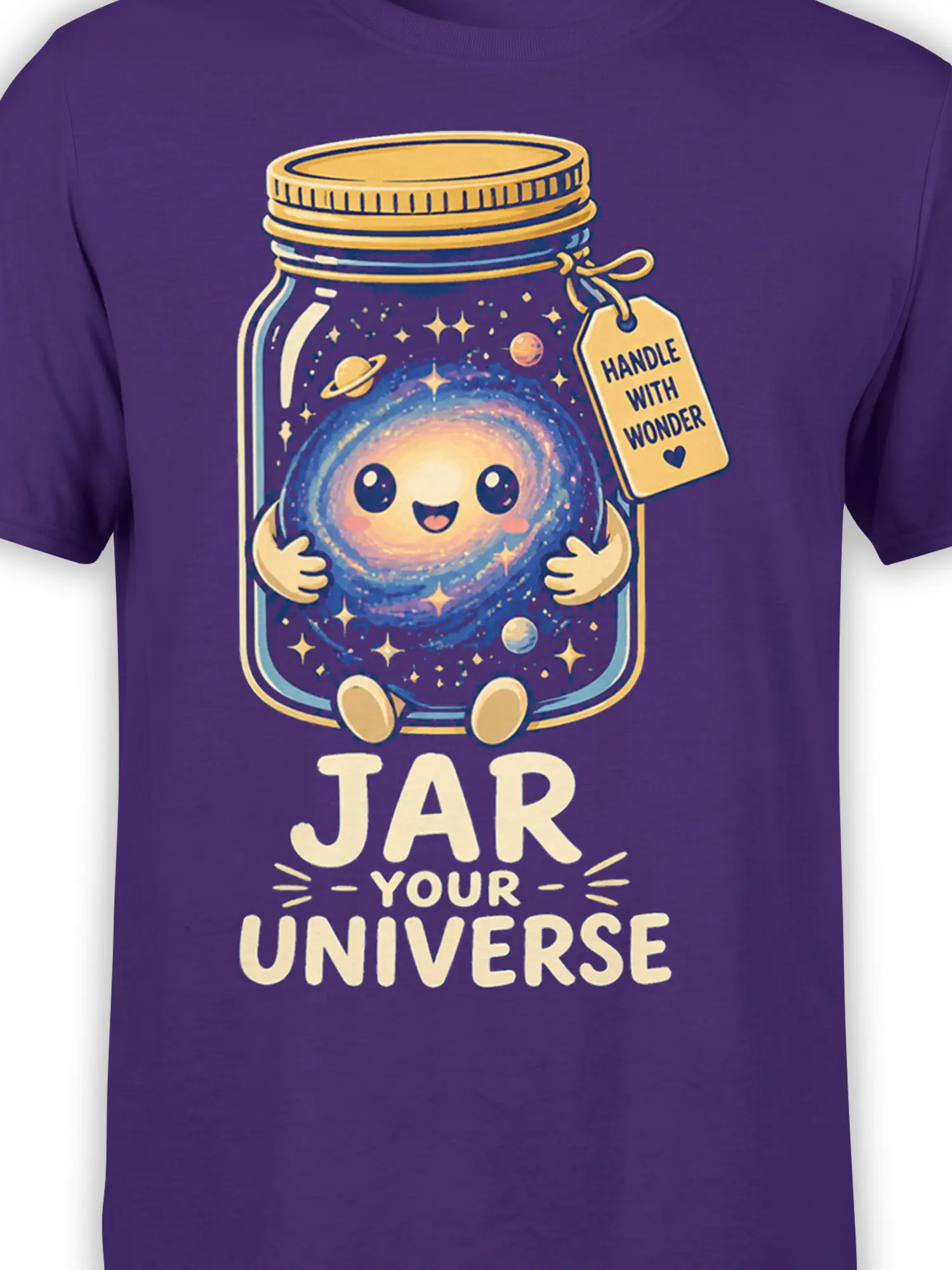 Close-up of a colorful galaxy jar character and “Handle With Wonder” tag on purple fabric