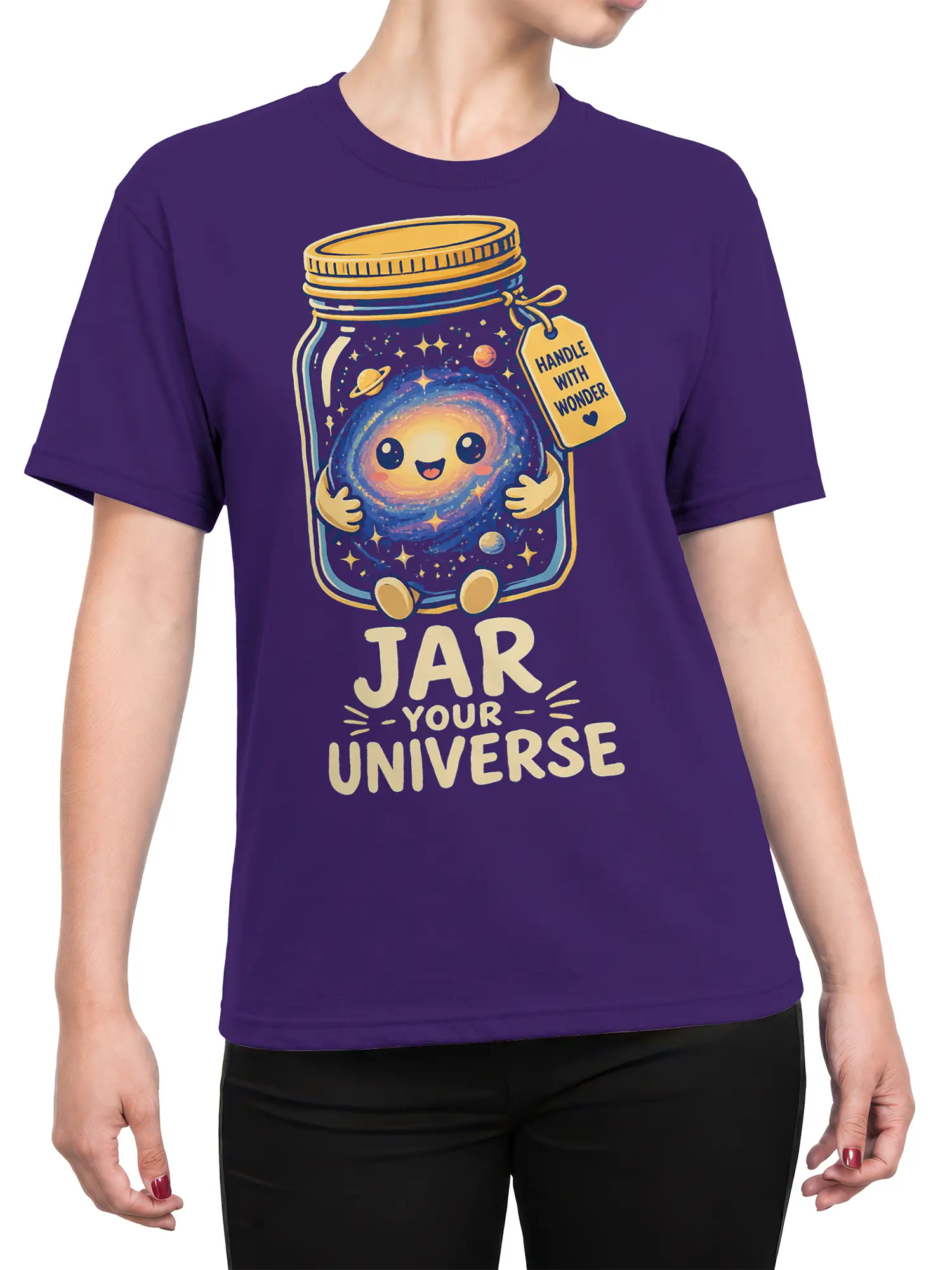 Female torso wearing a purple T-shirt with a cute galaxy jar and “Jar Your Universe” design