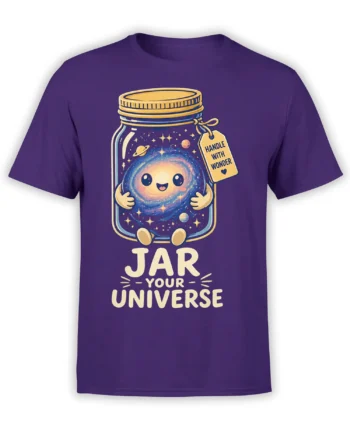 Cute galaxy character in a jar on a purple shirt with “Jar Your Universe” lettering