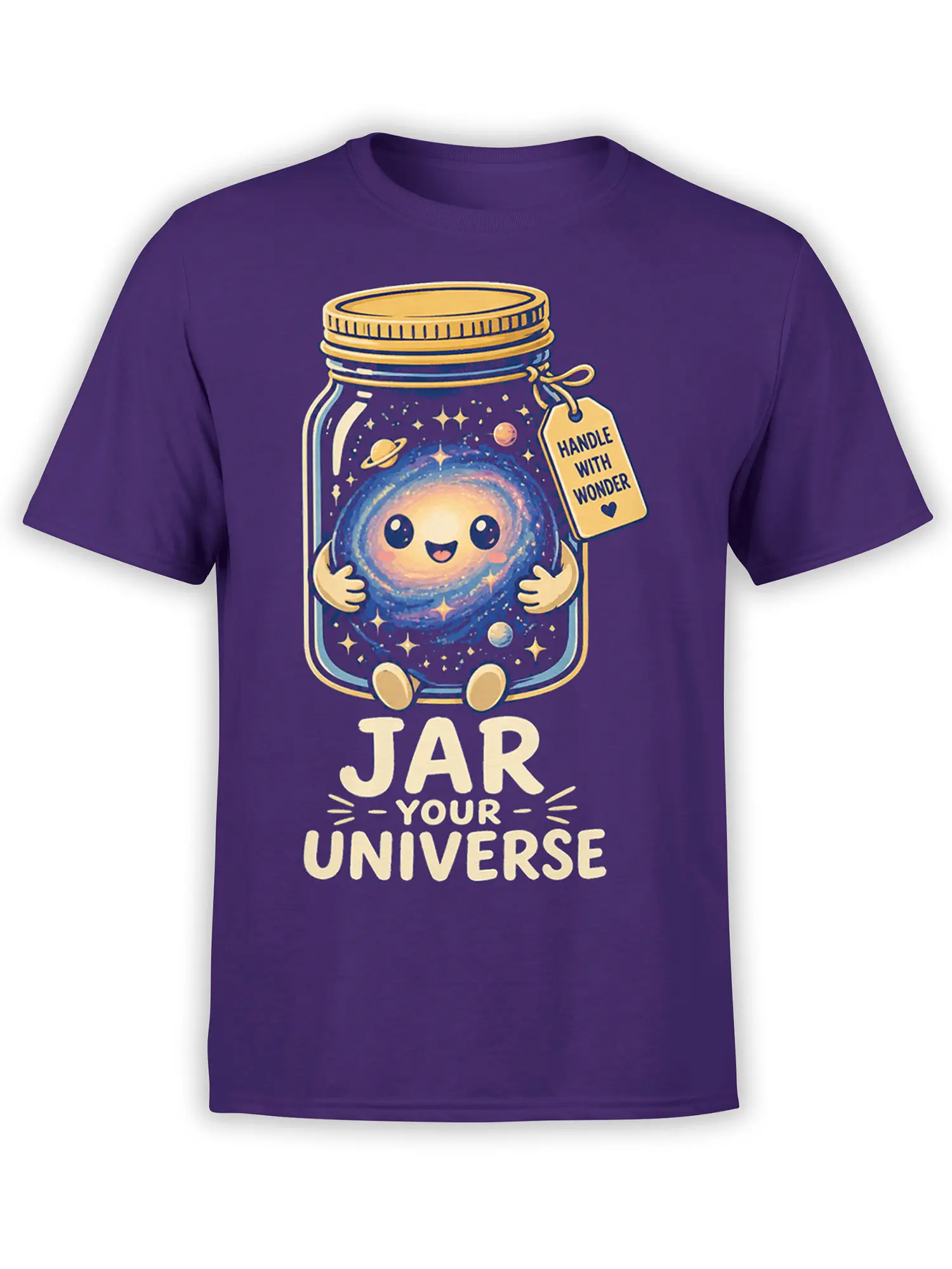 Cute galaxy character in a jar on a purple shirt with “Jar Your Universe” lettering