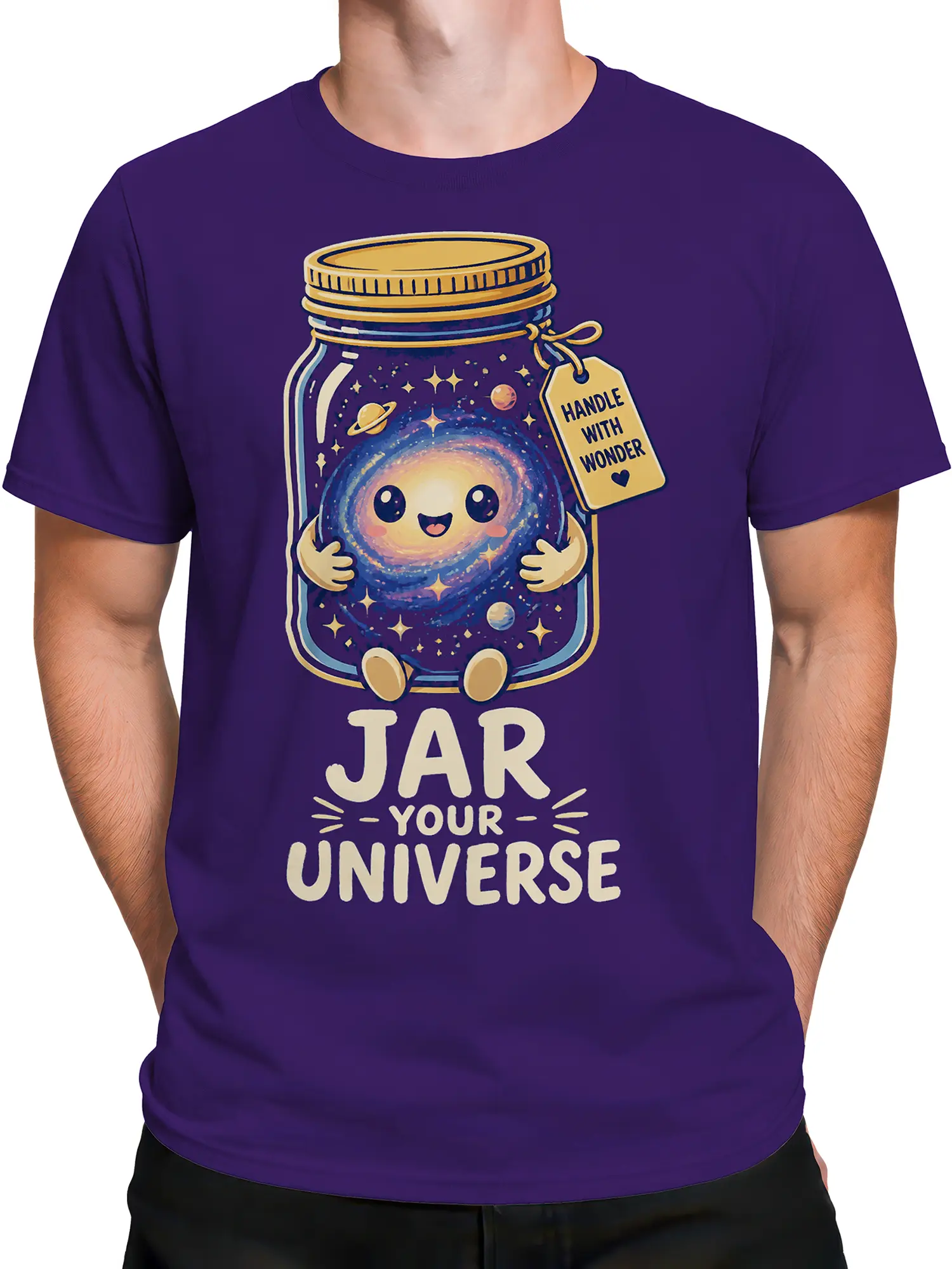 Male torso wearing a purple T-shirt with a galaxy jar, planets, stars, and cosmic lettering