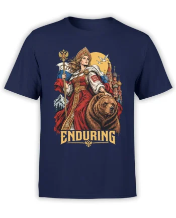 Russian-inspired navy T-shirt with a regal woman, brown bear, domed architecture, mountains, and ENDURING lettering