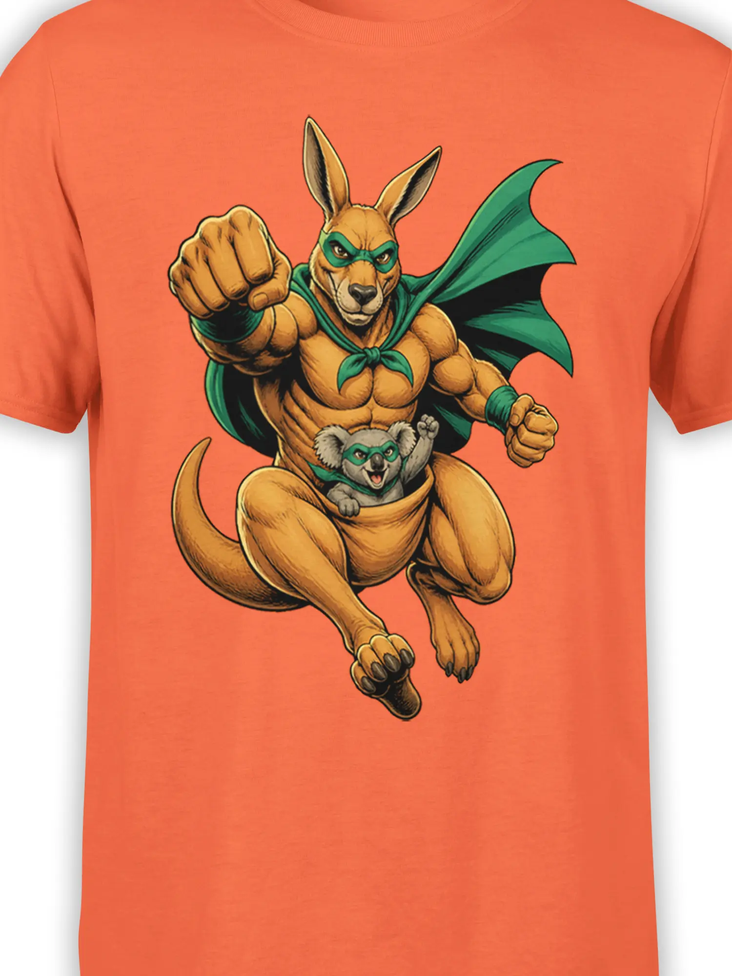 Close-up of the masked kangaroo and koala sidekick artwork on an orange graphic tee
