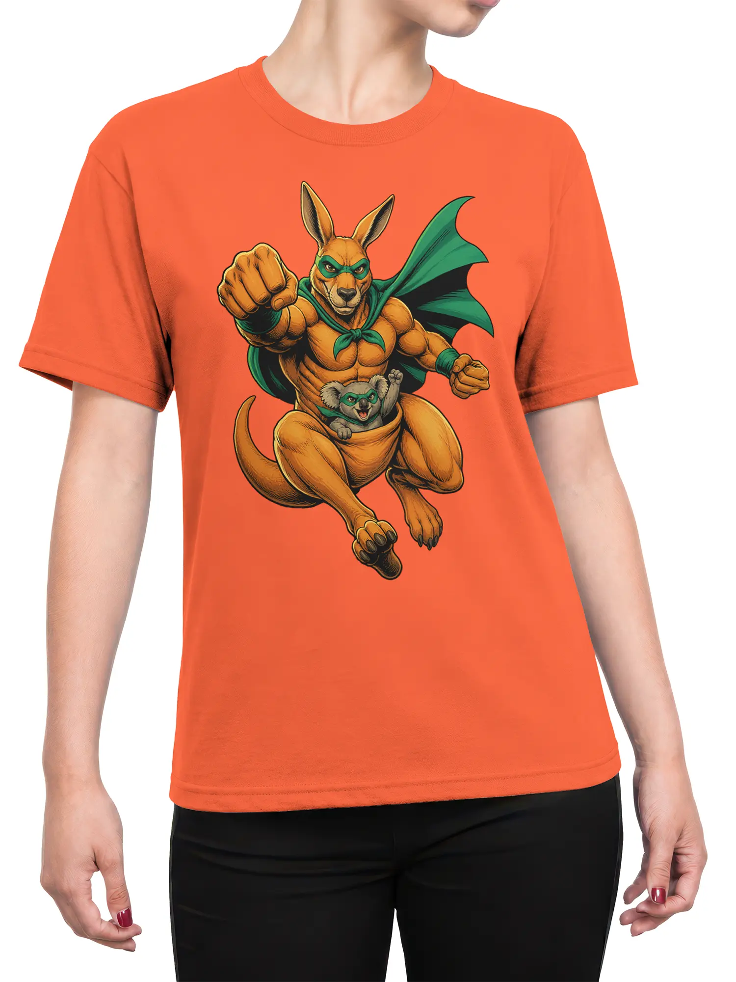 Female torso wearing an orange T-shirt with a masked kangaroo and koala graphic