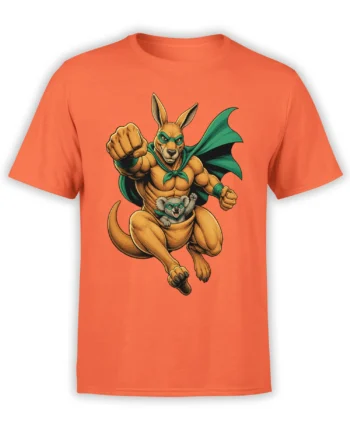 Masked kangaroo hero in a green cape with a koala sidekick on an orange graphic T-shirt