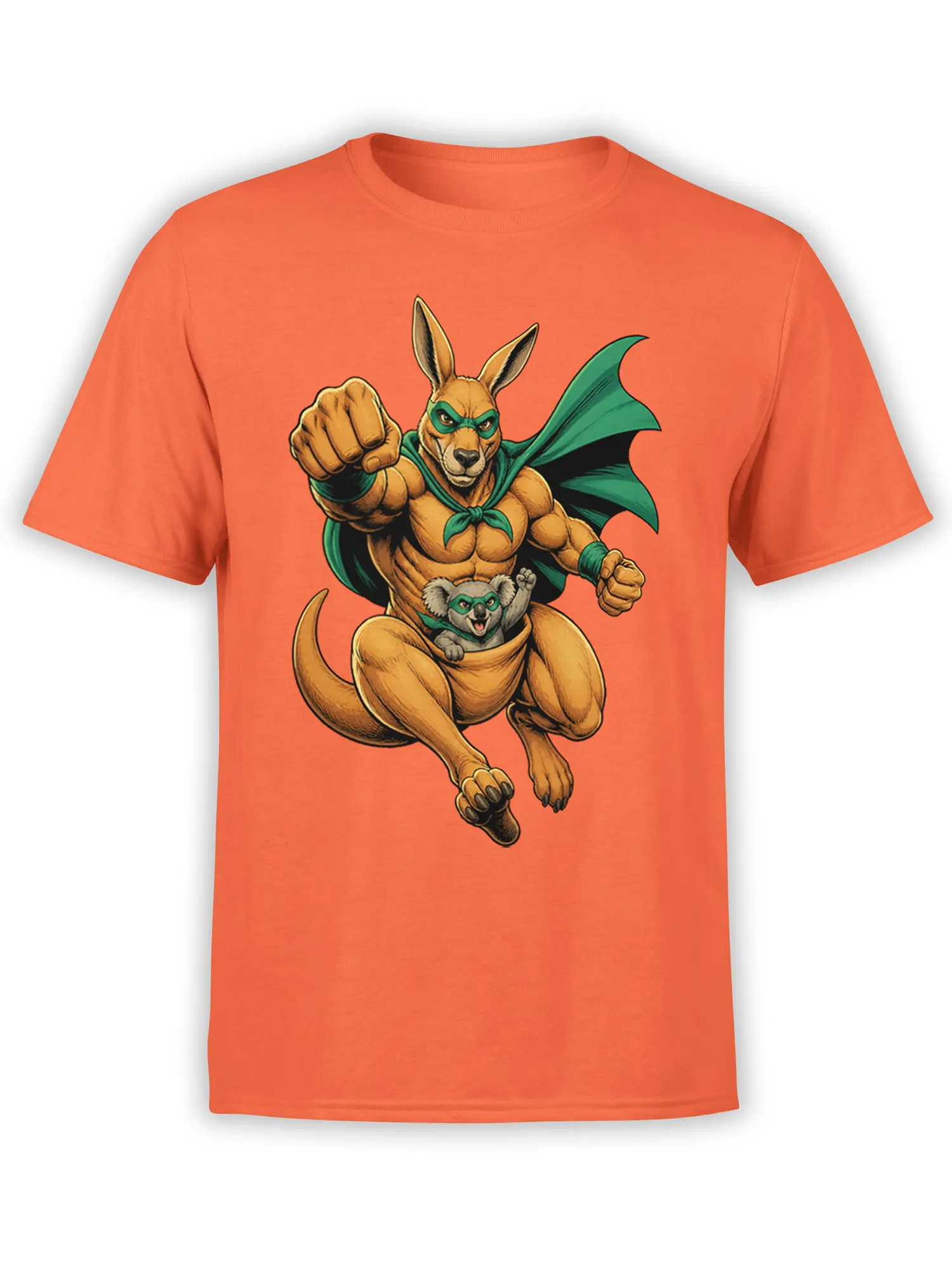 Masked kangaroo hero in a green cape with a koala sidekick on an orange graphic T-shirt