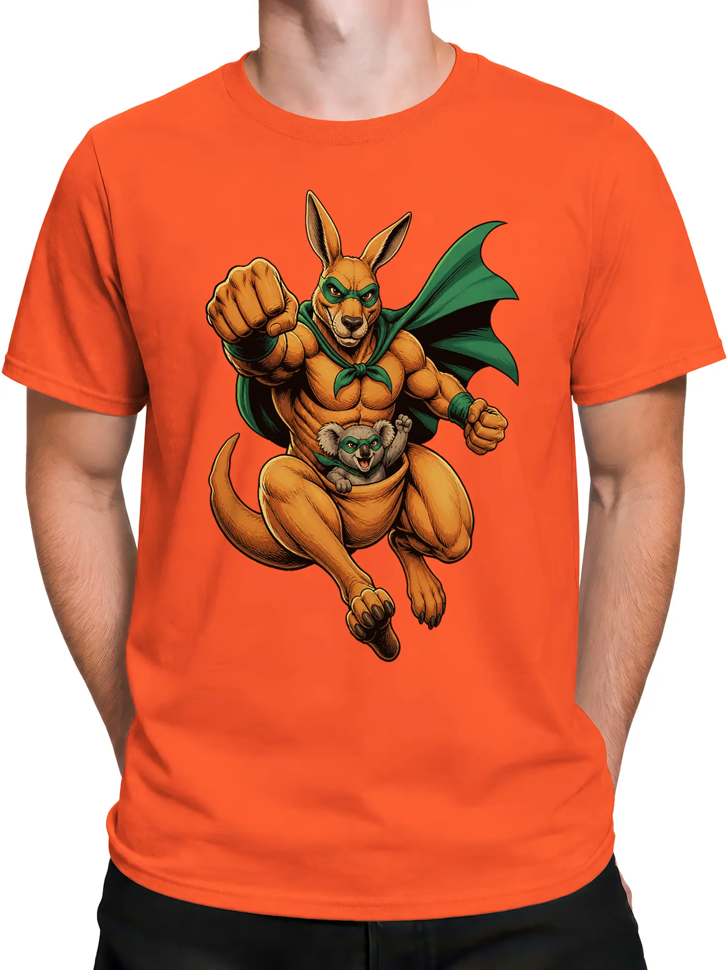 Male torso wearing an orange kangaroo T-shirt with a koala sidekick graphic