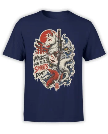 Front view of navy fox graphic T-shirt with masks, koi fish, sword, waves, and spirit artwork
