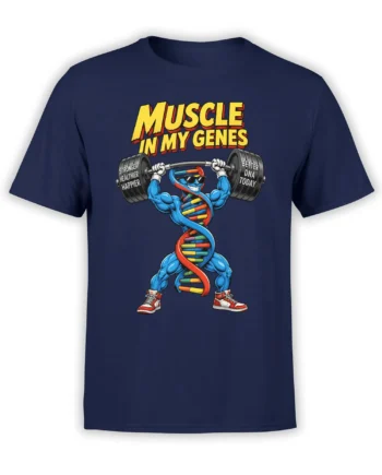 Muscular blue DNA character lifting a barbell on a navy fitness T-shirt with bold yellow lettering