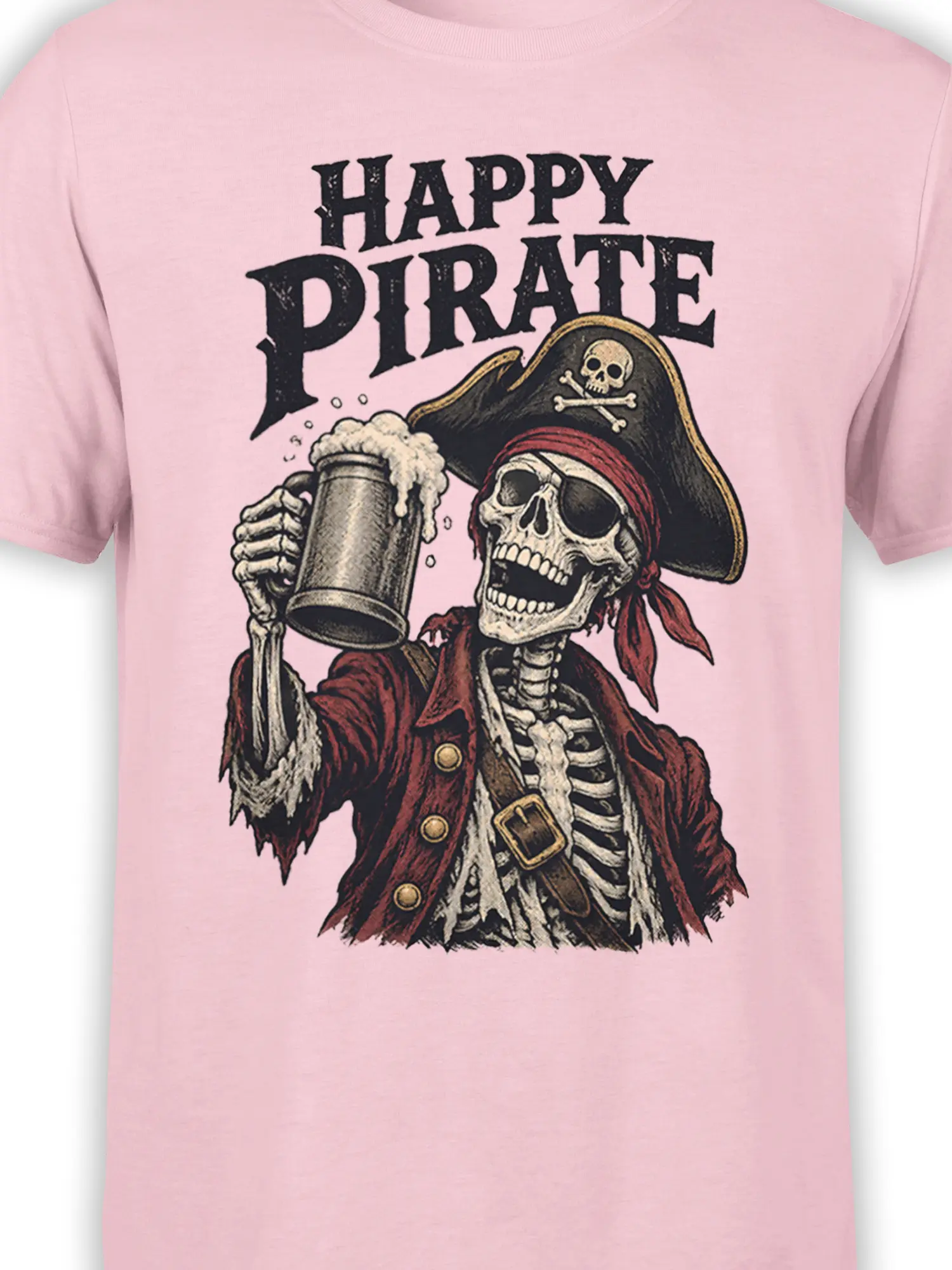 Close-up of pink pirate T-shirt design with skeleton, beer mug, skull hat, and distressed Happy Pirate lettering