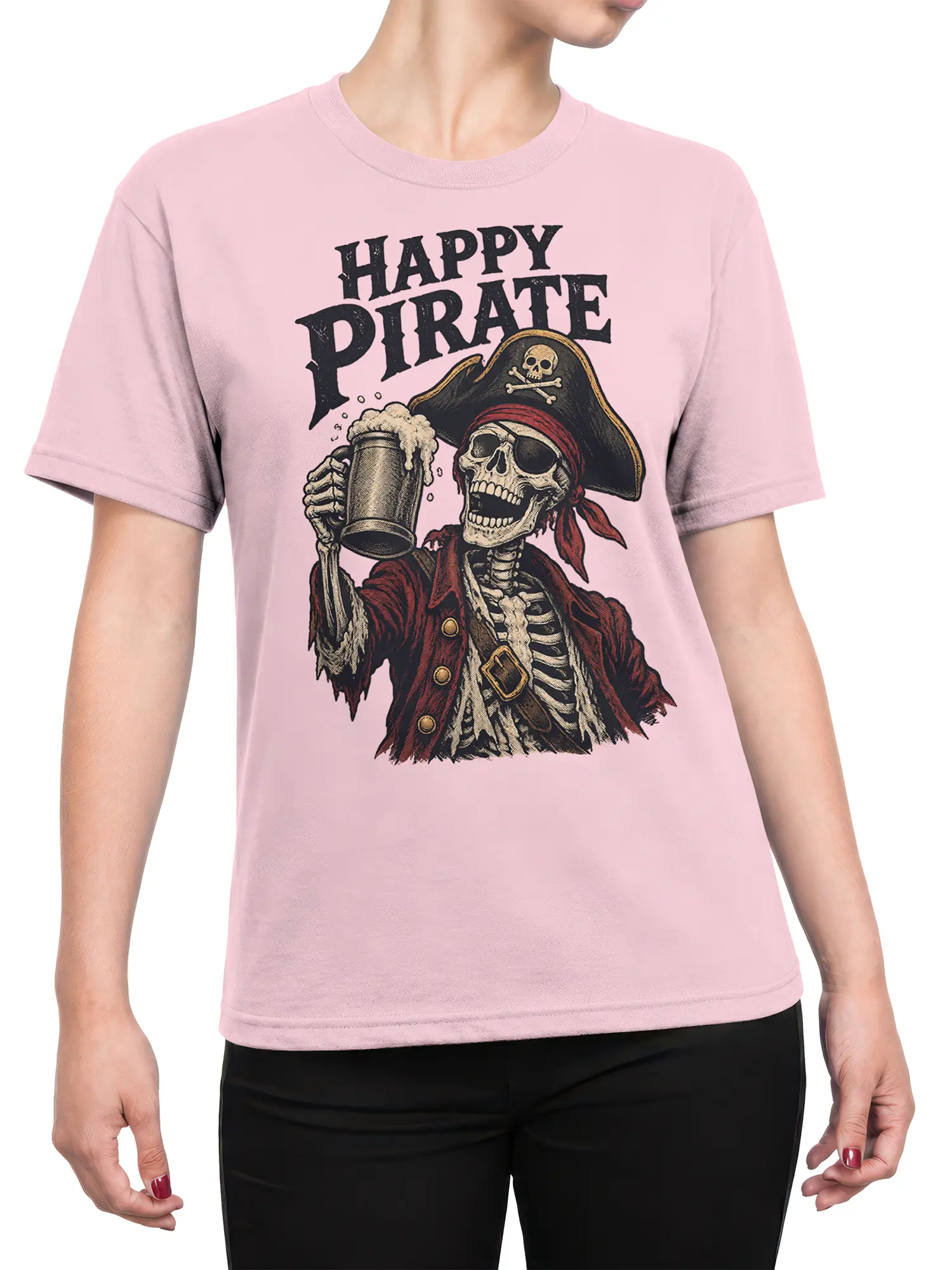 Female torso wearing pink Happy Pirate T-shirt with a grinning skeleton and raised beer mug graphic