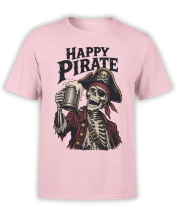 Pink T-shirt with grinning pirate skeleton raising a foamy beer mug under Happy Pirate lettering