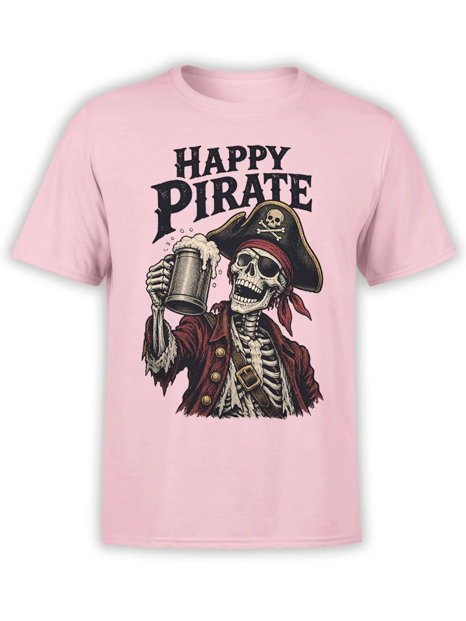 Pink T-shirt with grinning pirate skeleton raising a foamy beer mug under Happy Pirate lettering