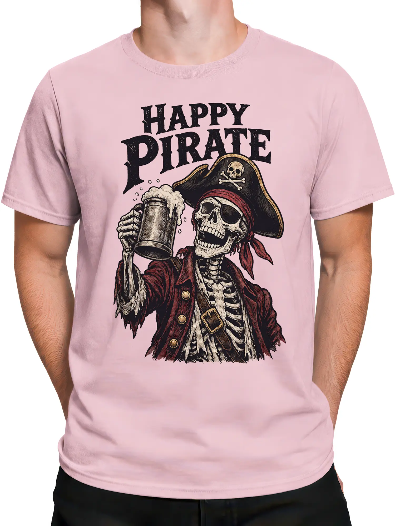 Male torso wearing pink pirate skeleton T-shirt with Happy Pirate lettering and beer mug artwork