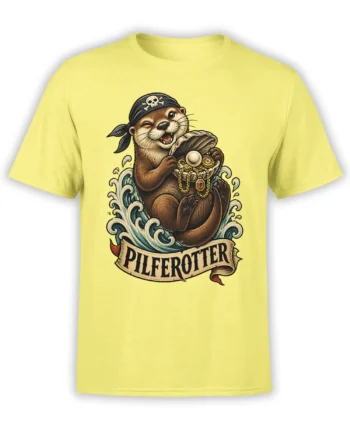 Pirate otter holding a treasure chest among waves on a bright yellow T-shirt