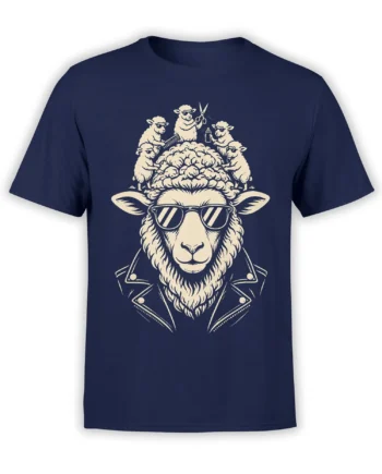 Stylish sheep wearing sunglasses with tiny sheep groomers above on a navy graphic T-shirt