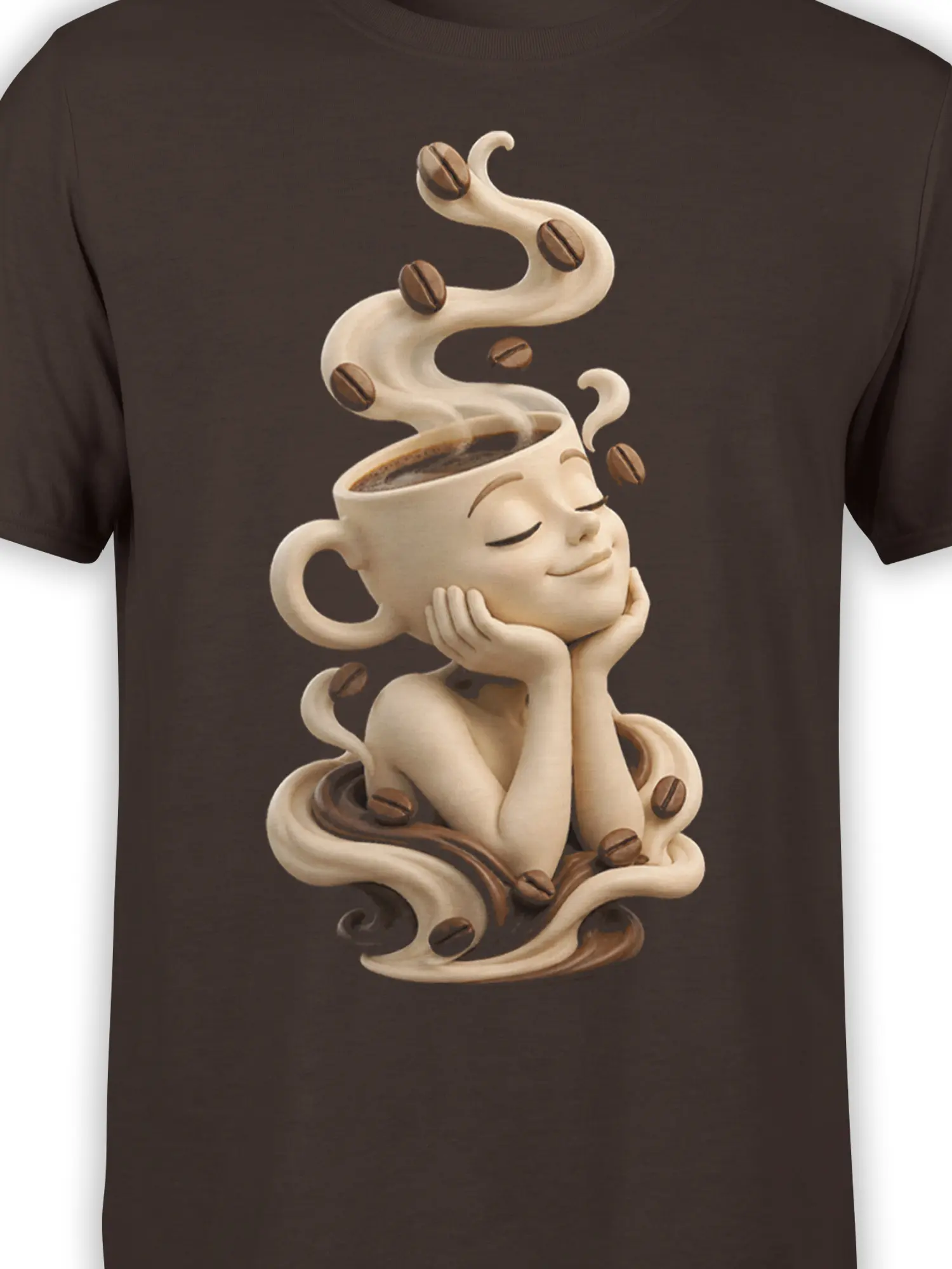 Close-up of dreamy coffee cup artwork with curling steam and coffee beans on a brown shirt