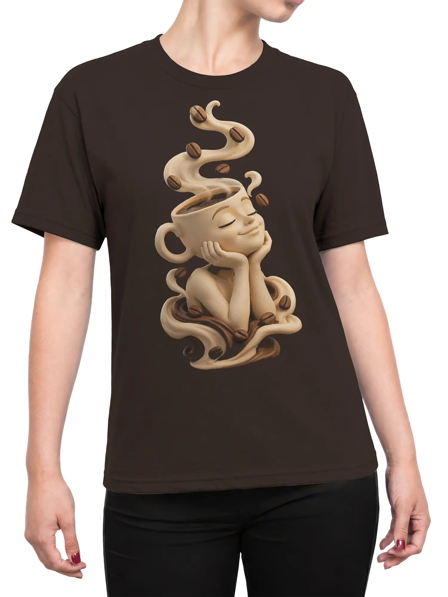 Female torso wearing a brown T-shirt with a peaceful coffee cup character and floating coffee beans