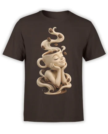 Brown T-shirt with a dreamy coffee cup character, curling steam, and floating coffee beans
