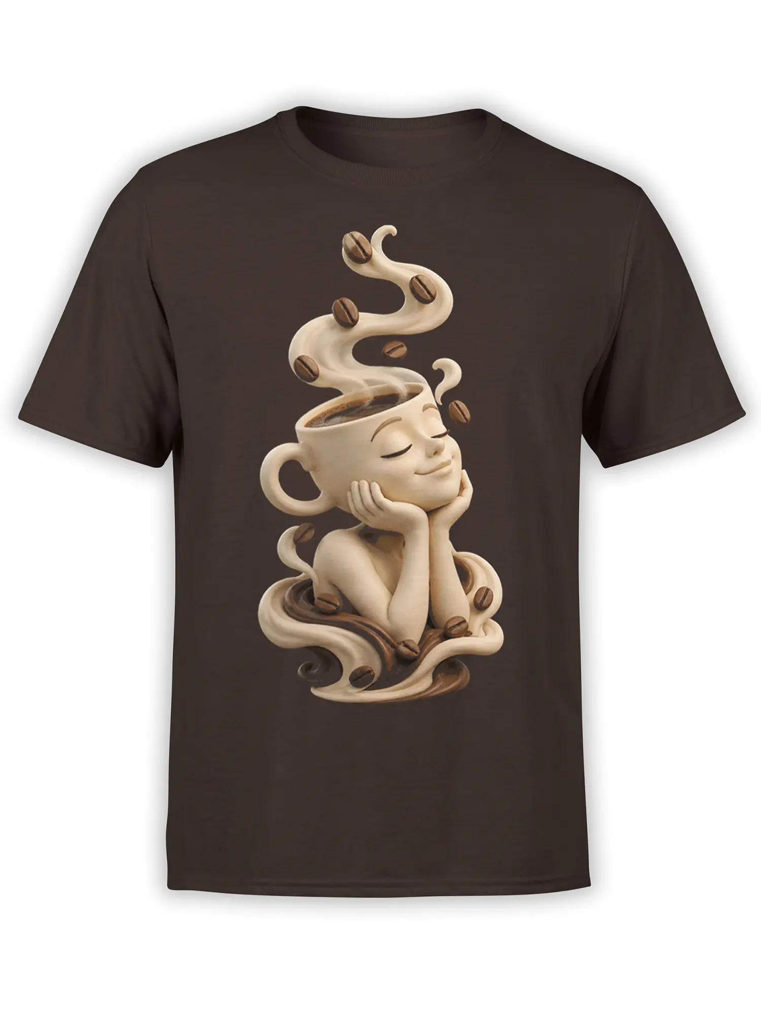 Brown T-shirt with a dreamy coffee cup character, curling steam, and floating coffee beans