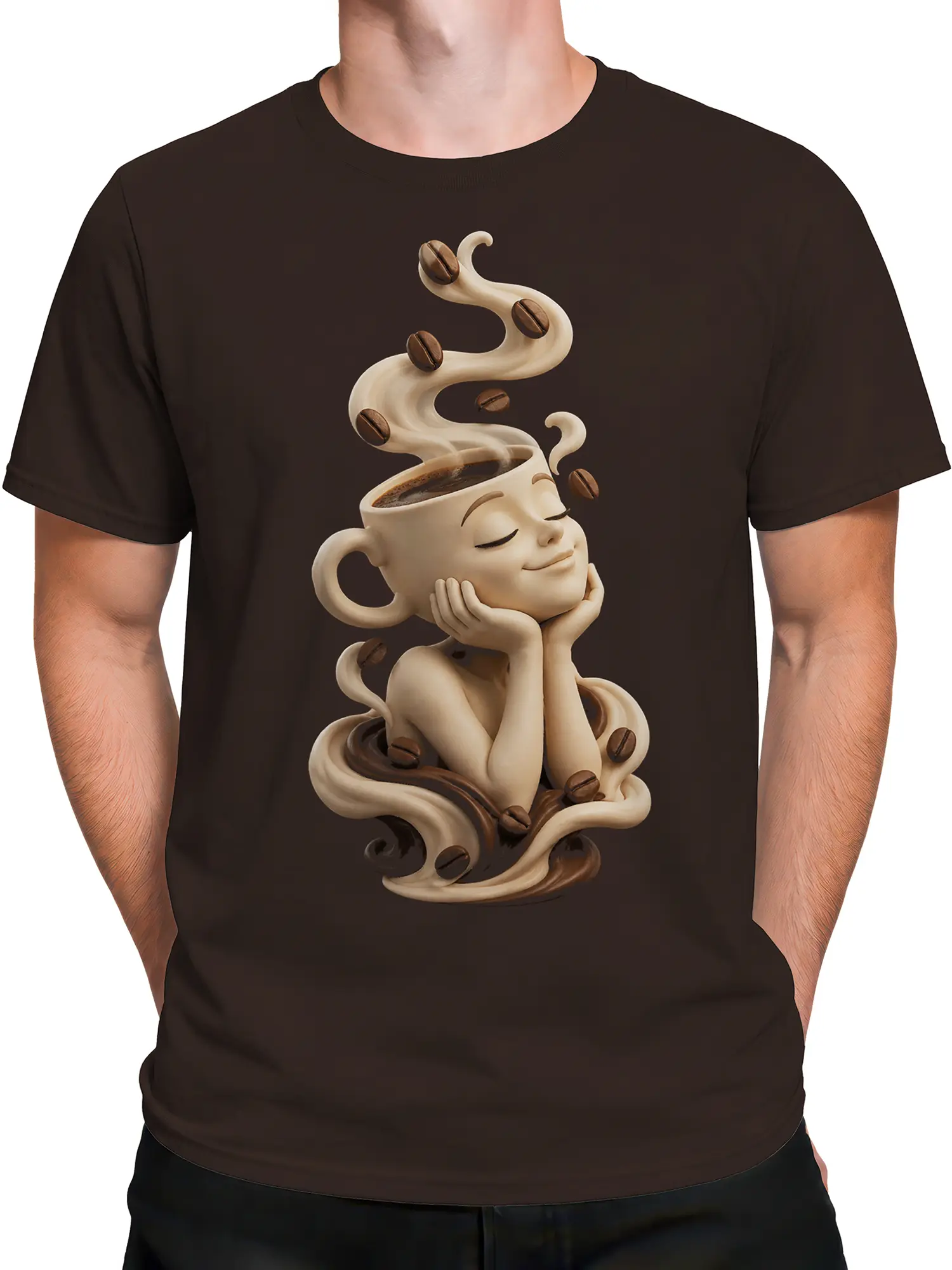 Male torso wearing a brown T-shirt with dreamy coffee cup artwork and coffee bean details