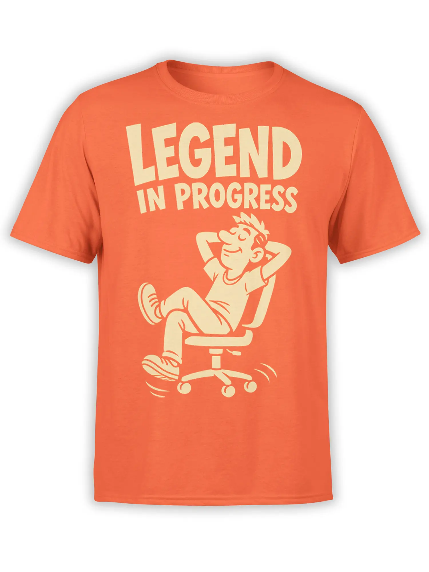 Orange T-shirt featuring a relaxed cartoon office worker and bold cream “LEGEND IN PROGRESS” lettering