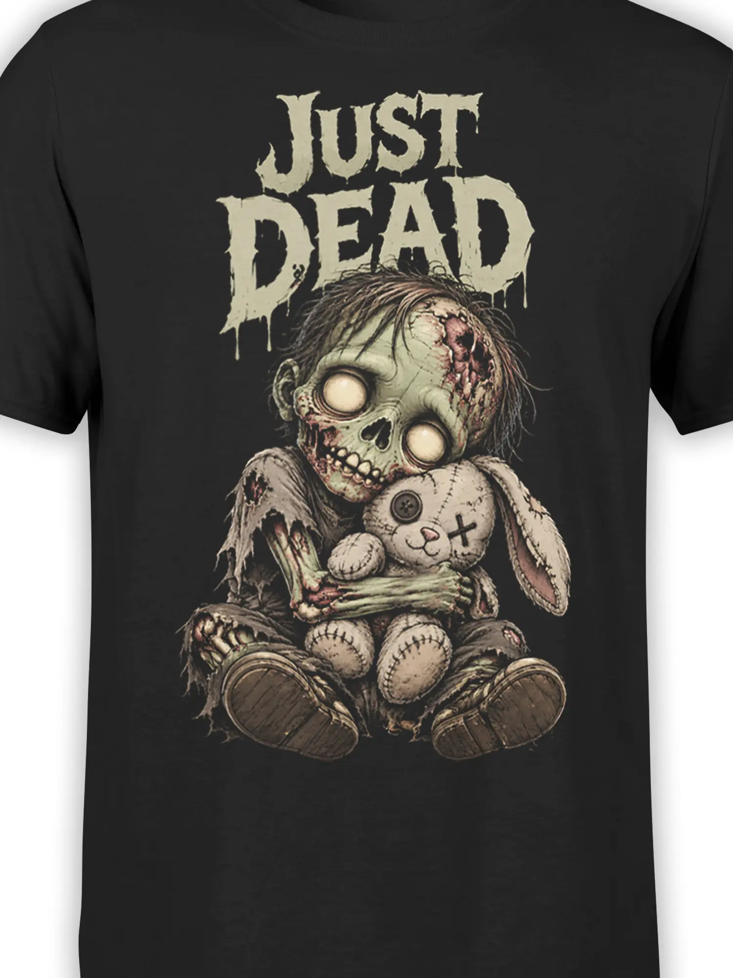 Close-up of the zombie child and stitched teddy bear design on a black horror T-shirt