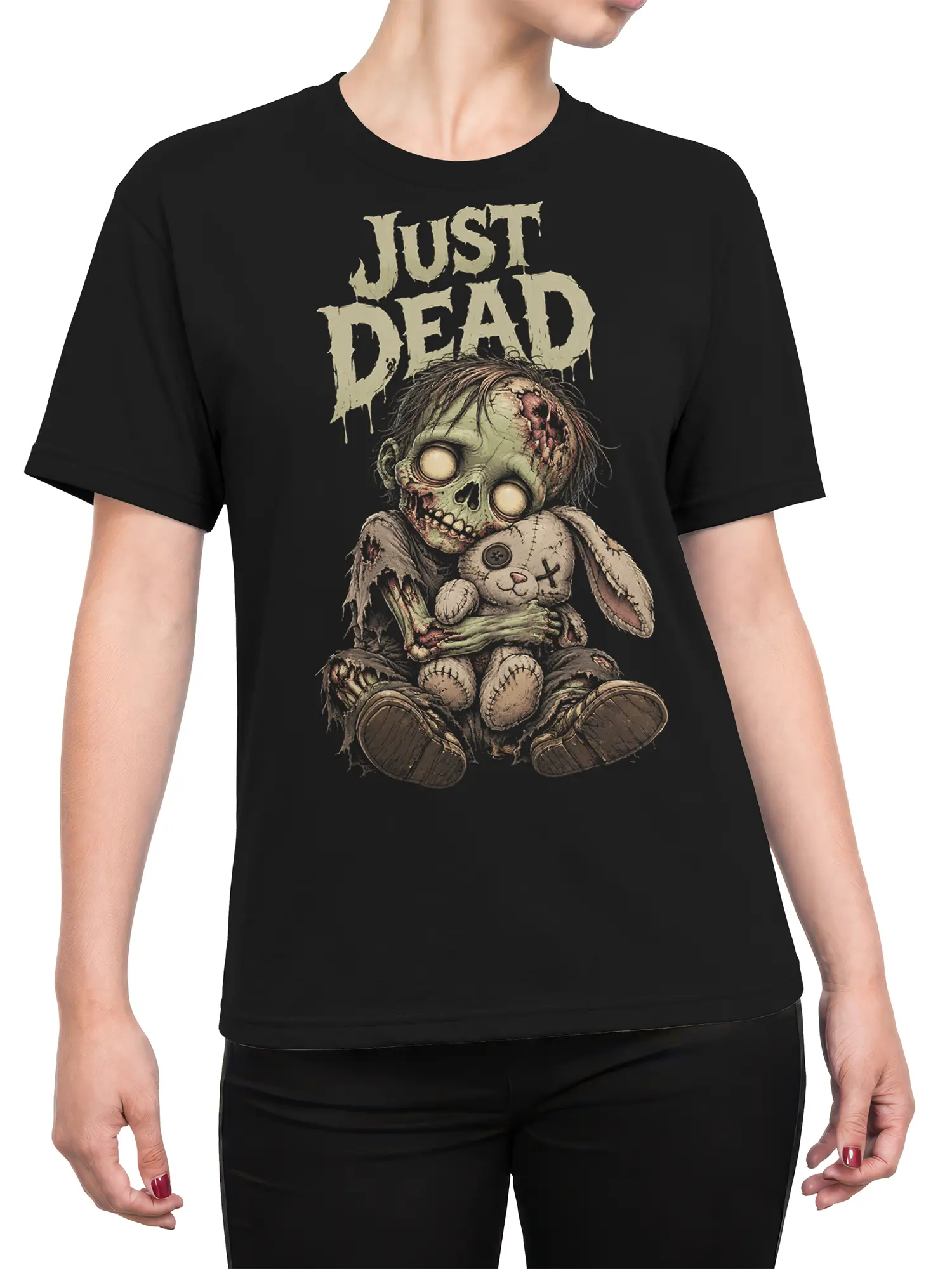 Female torso wearing a black zombie T-shirt with JUST DEAD text and a stitched teddy bear graphic