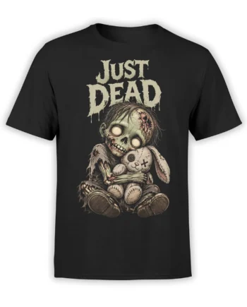 Black T-shirt with distressed JUST DEAD text and a zombie child holding a stitched teddy bear