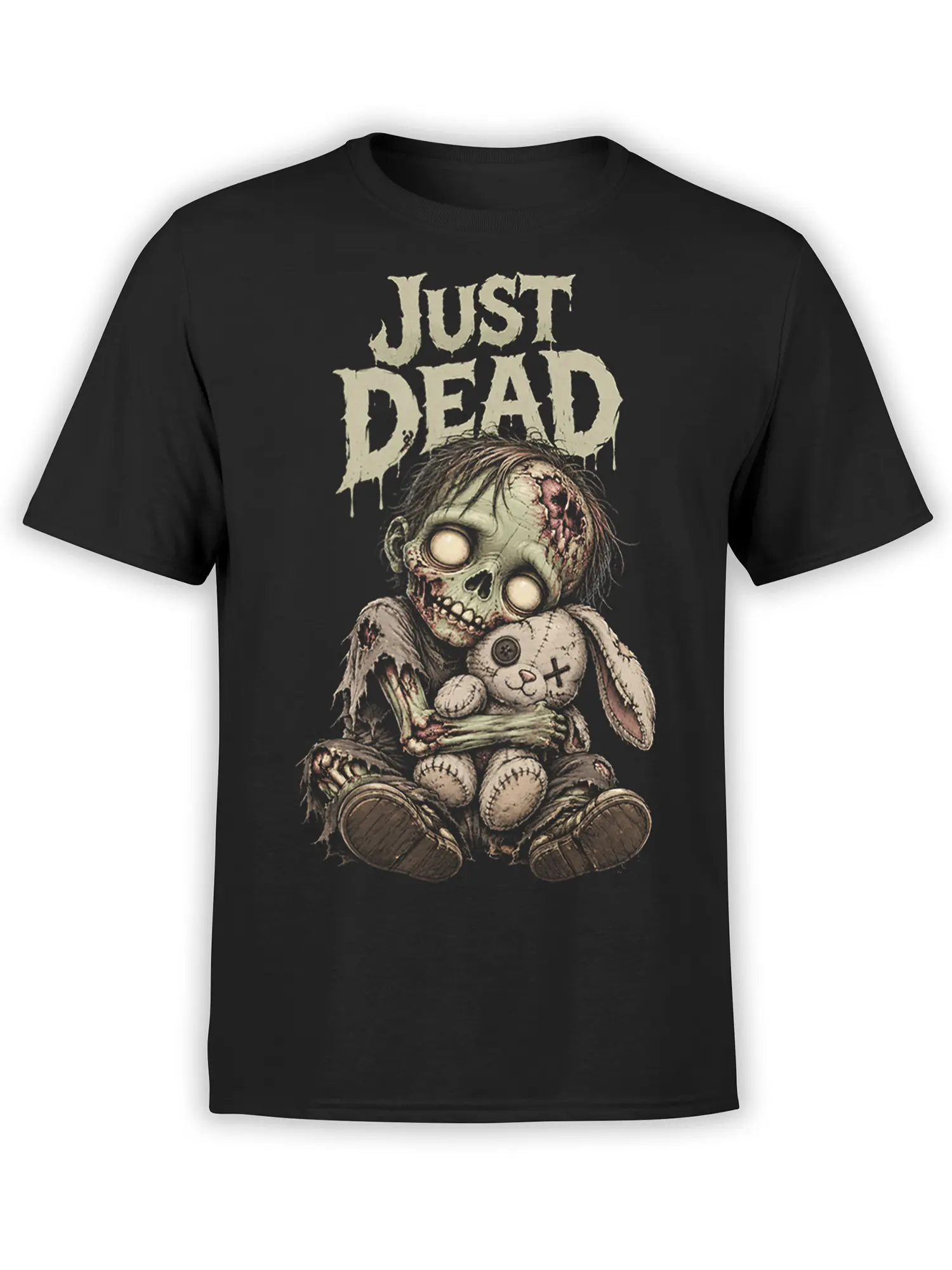 Black T-shirt with distressed JUST DEAD text and a zombie child holding a stitched teddy bear