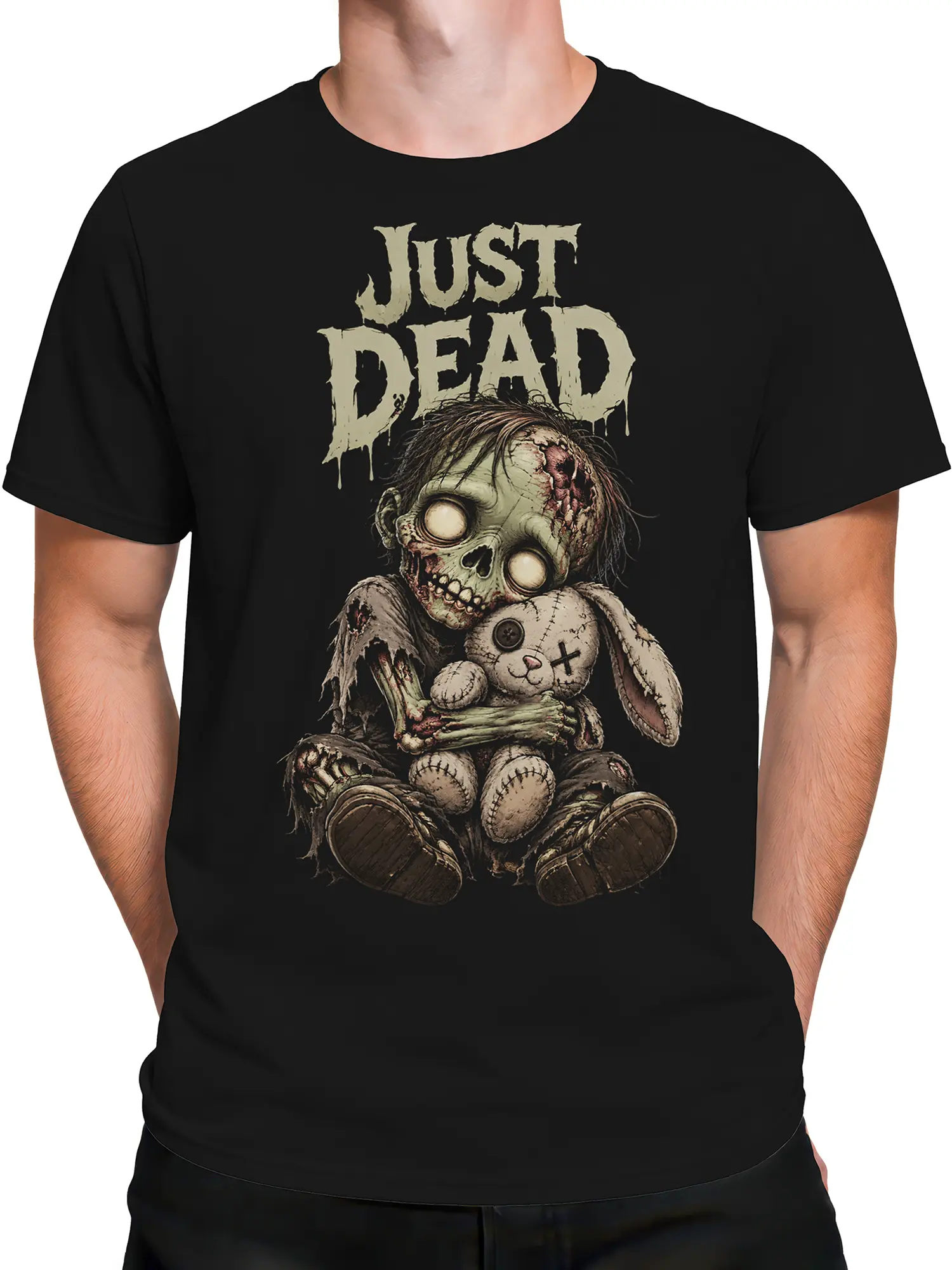 Male torso wearing a black zombie T-shirt with distressed horror artwork and teddy bear graphic