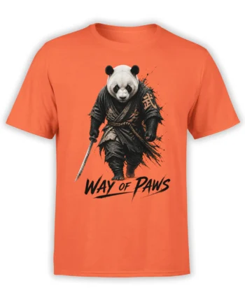Orange panda samurai T-shirt with sword-wielding warrior artwork and bold Way of Paws lettering