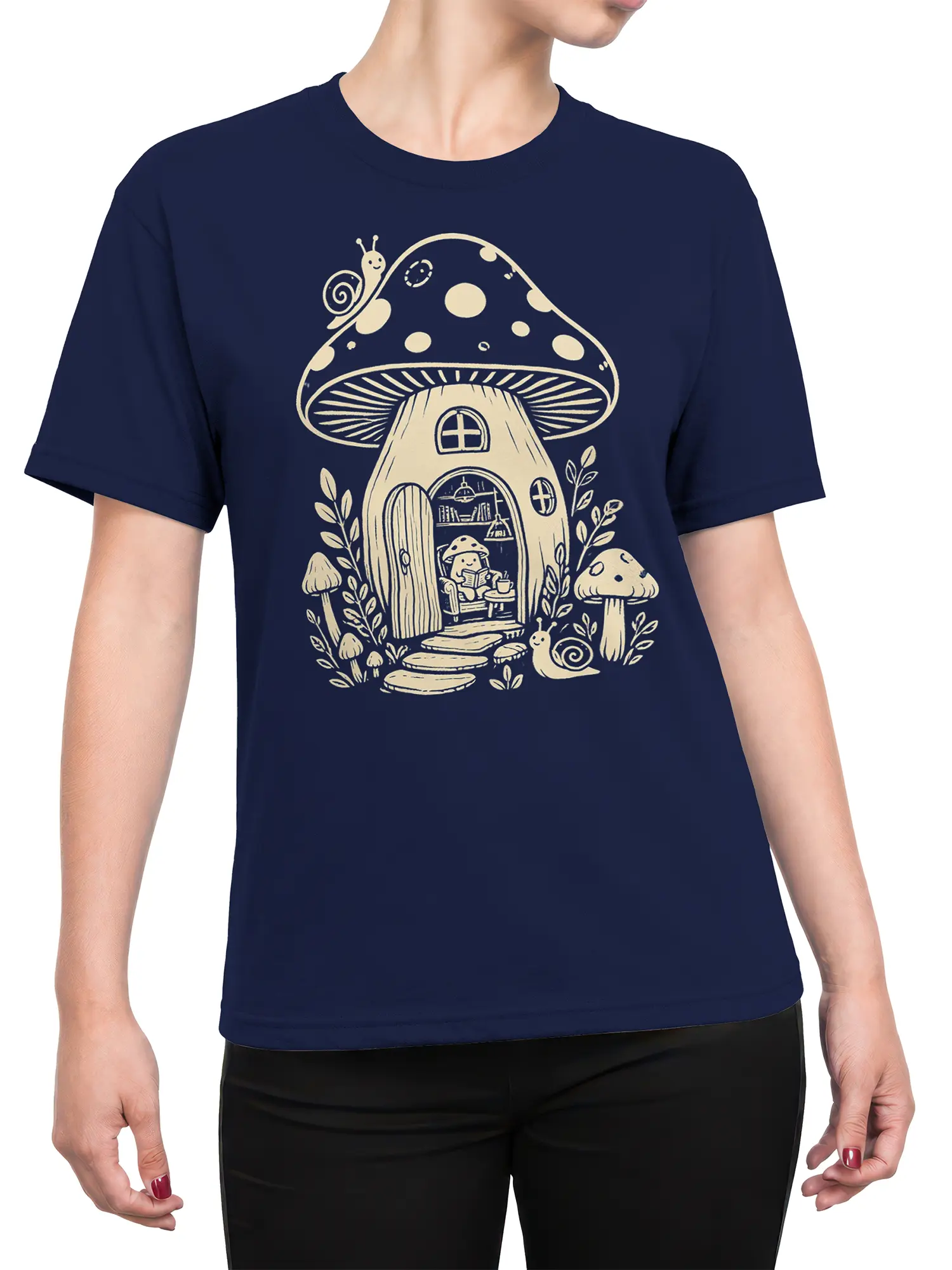 Female torso wearing a navy mushroom cottage T-shirt with vintage woodland artwork