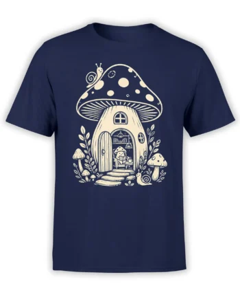 Vintage mushroom cottage T-shirt with a tiny reader, snails, and woodland artwork on navy