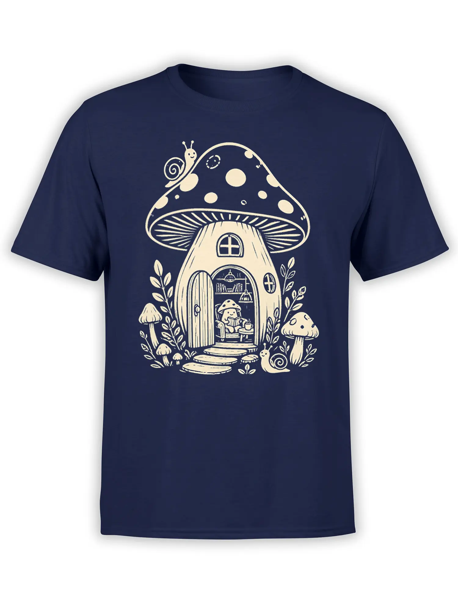 Vintage mushroom cottage T-shirt with a tiny reader, snails, and woodland artwork on navy