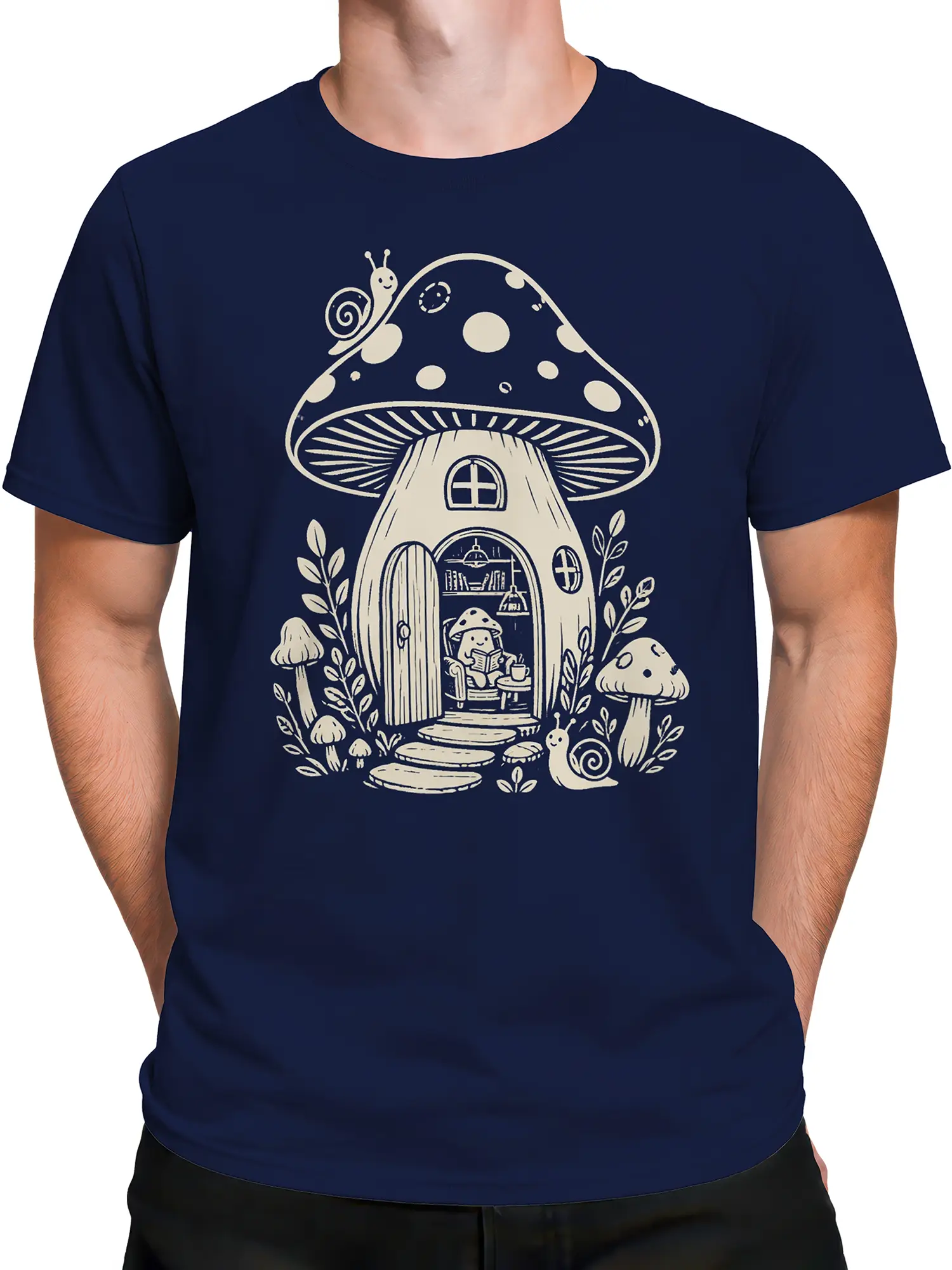 Male torso wearing a navy mushroom cottage T-shirt with vintage woodland artwork