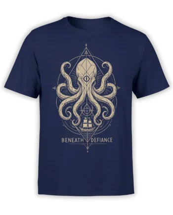 Geometric octopus and sailing ship design with mystical symbols on a navy T-shirt