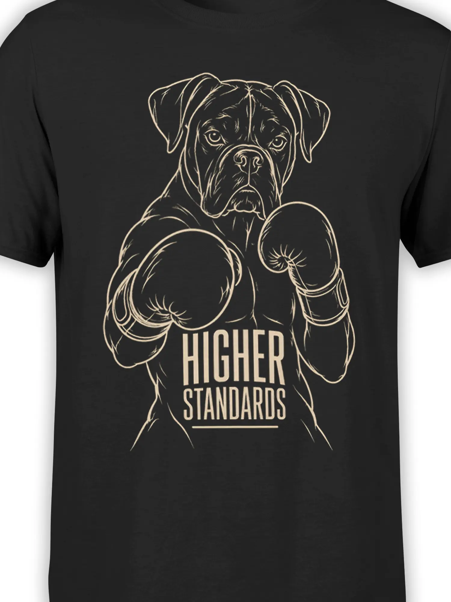 Close-up of serious boxing dog artwork and cream “Higher Standards” text on black fabric