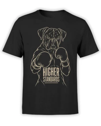 Black dog T-shirt with a serious dog in boxing gloves and “Higher Standards” cream lettering