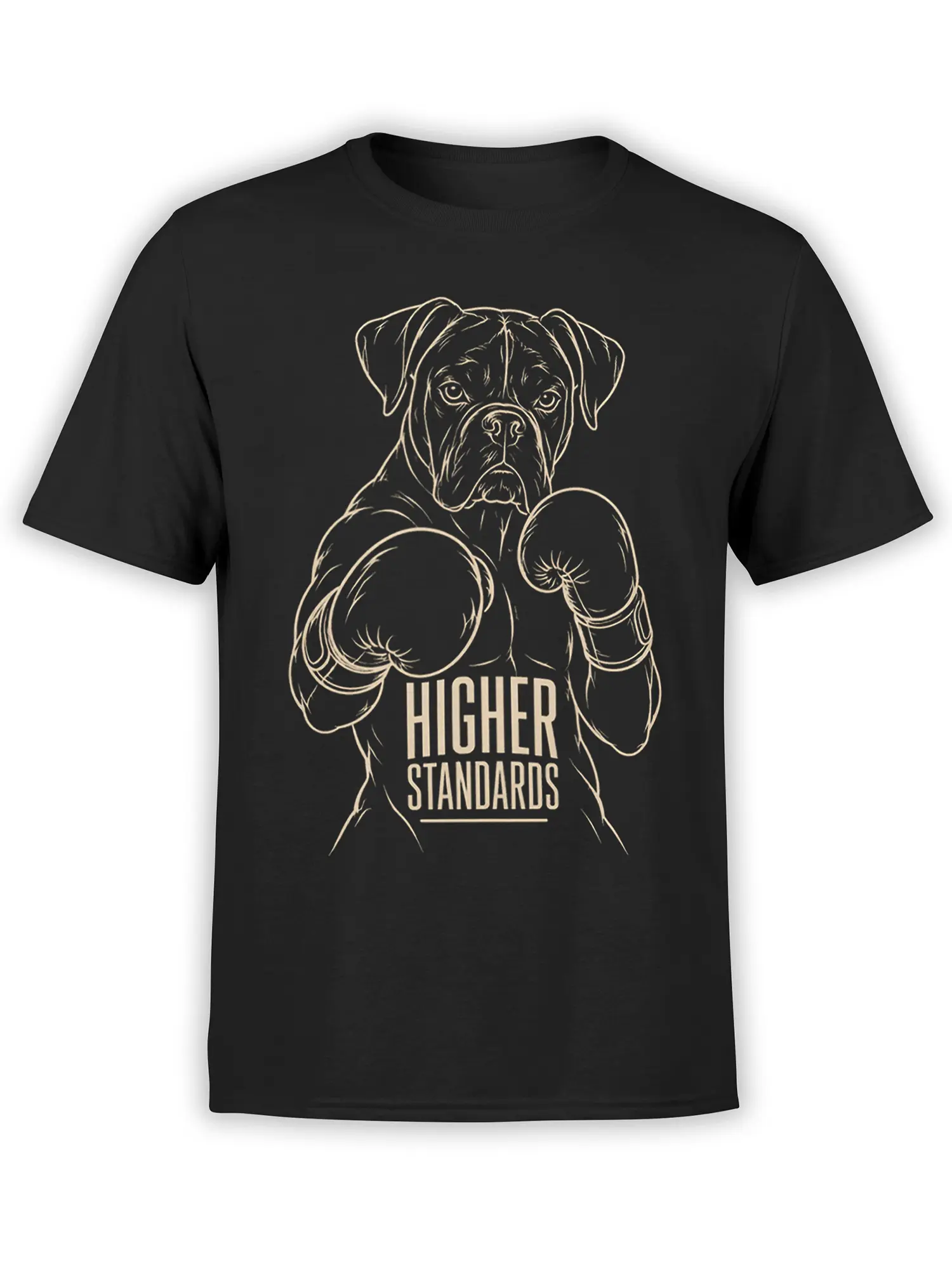 Black dog T-shirt with a serious dog in boxing gloves and “Higher Standards” cream lettering