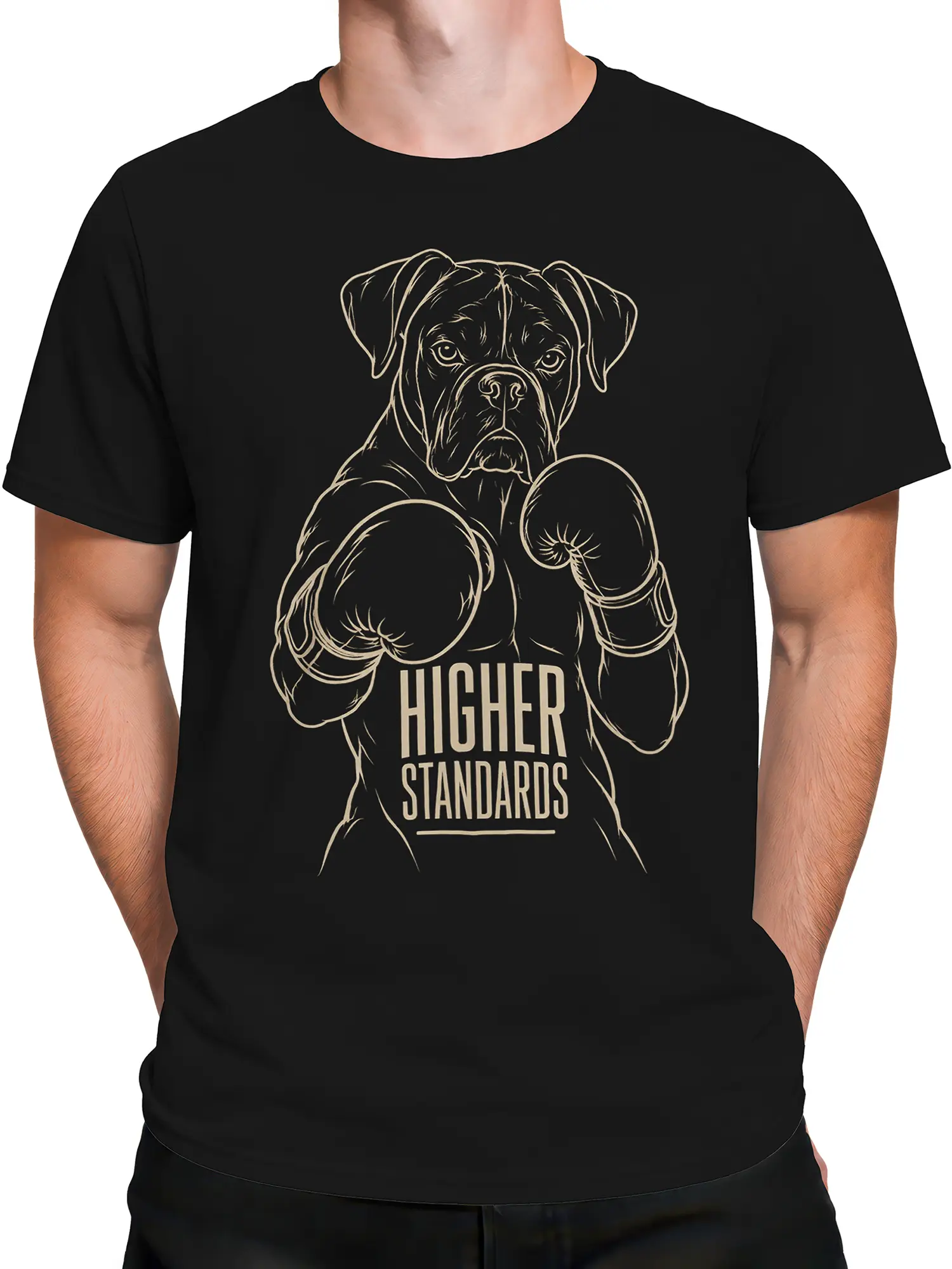 Male torso wearing a black boxing dog T-shirt with cream “Higher Standards” artwork